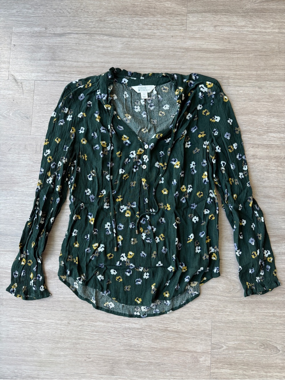 Market & Spruce Dark Green Floral Long Sleeve Blouse